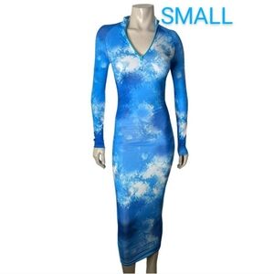 🆕Blue Tie Dye Print Design Long Sleeve Front Mini Zipper Maxi Dress~Size S